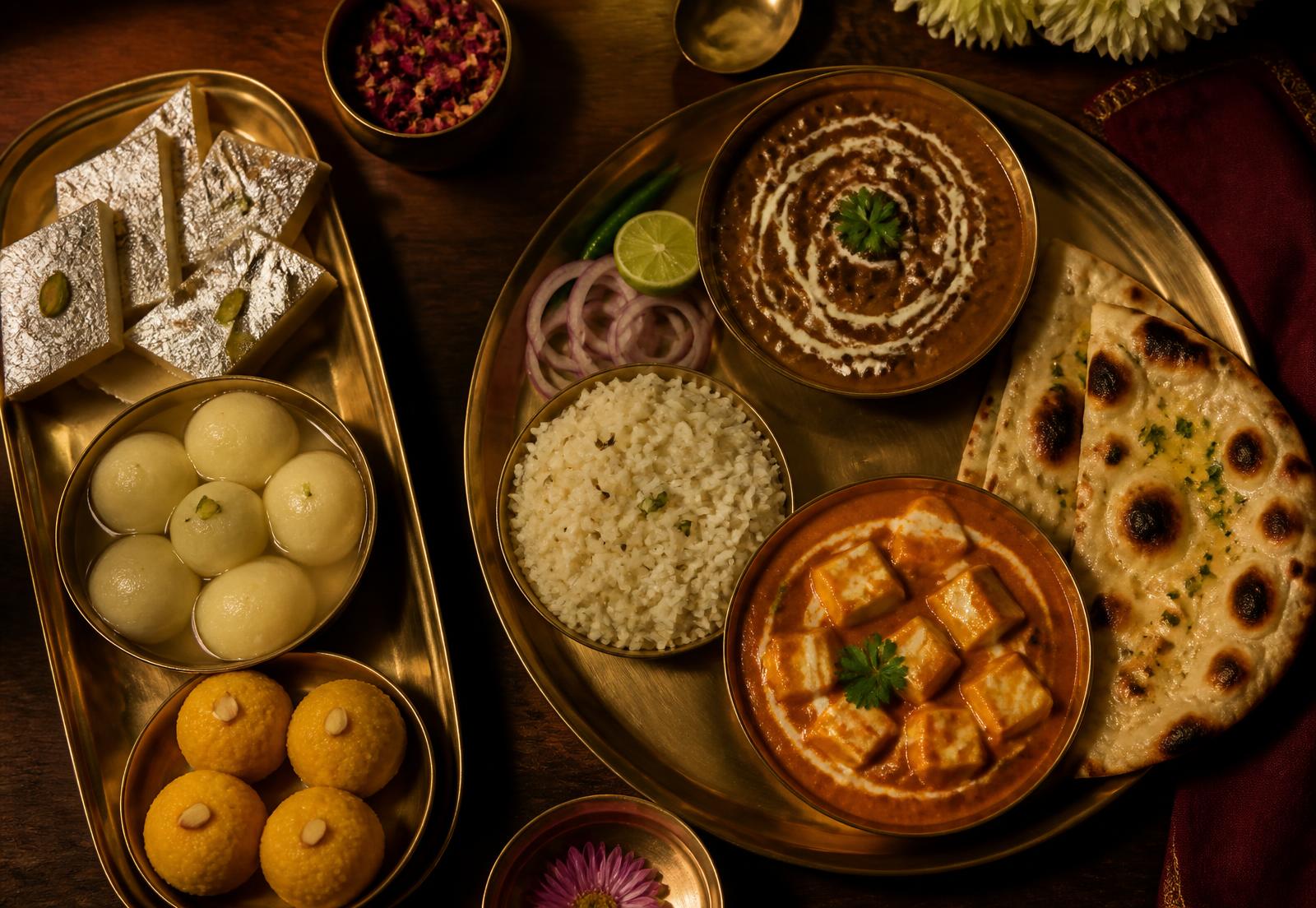 Vegetarian thali of dal makhani, shahi paneer and naan beside a tray of Indian sweets